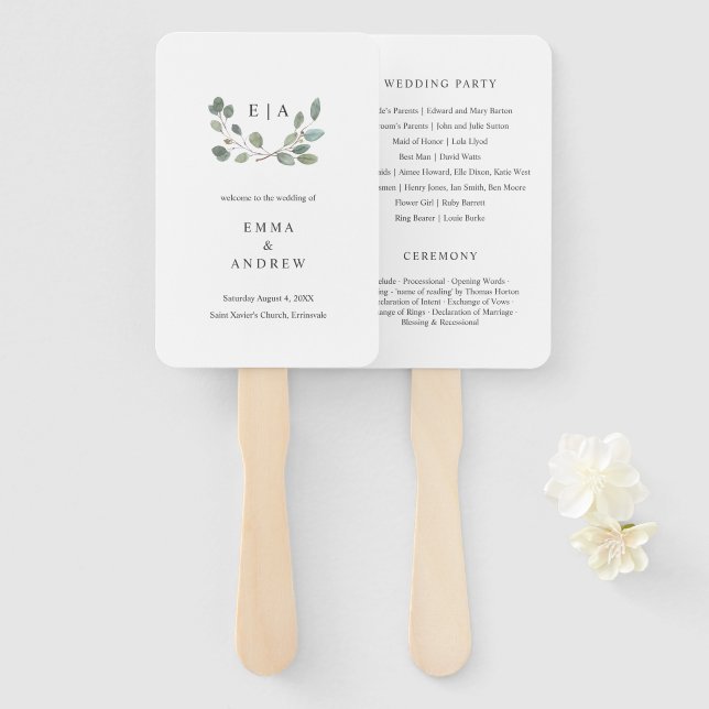 Botanical Eucalyptus Leaves Wedding Book Program Hand Fan (Front and Back)
