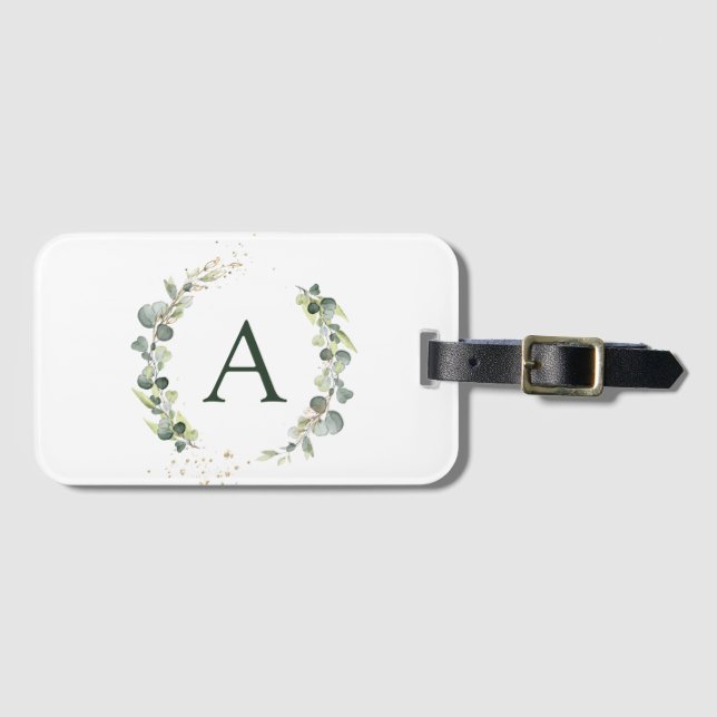 Botanical Eucalyptus Monogram Greenery Wedding Luggage Tag (Front Horizontal)