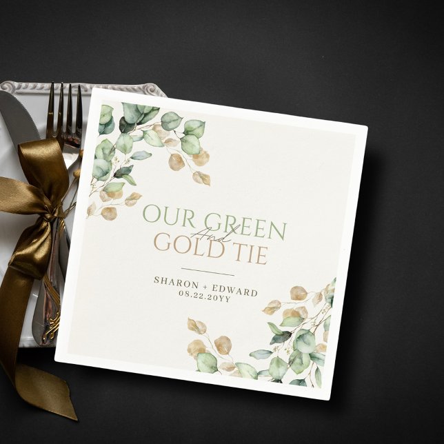 Botanical Eucalyptus Our Green & Gold Tie Wedding Napkin (Creator Uploaded)
