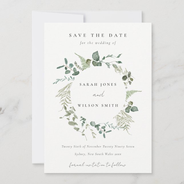 Botanical Eucalyptus Watercolor Wreath Wedding Save The Date (Front)