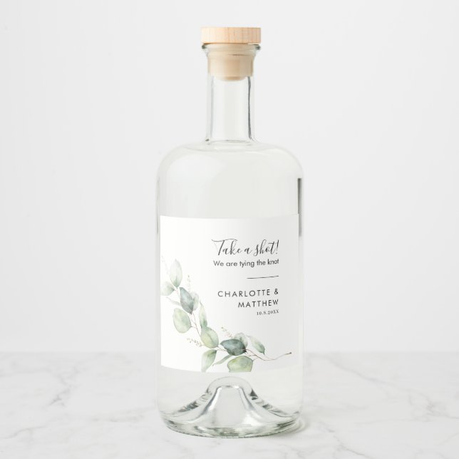 Botanical Eucalyptus Wedding Take a Shot Liquor Bottle Label (Front)