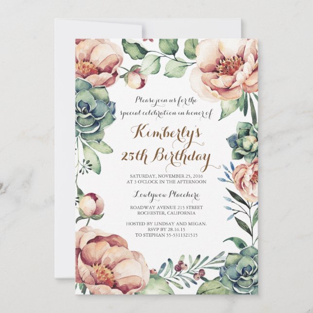 Botanical Fall Floral Watercolor Birthday Party Invitation (Front)