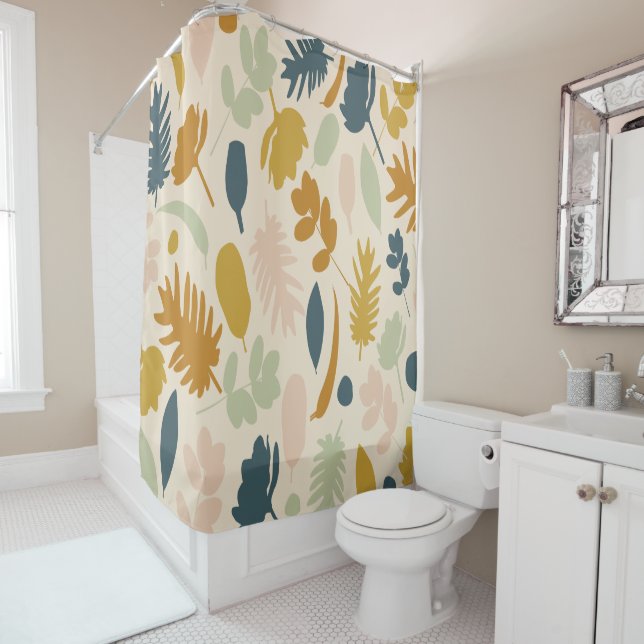 Botanical Fall Flowers and Leaves Pattern Shower Curtain (In Situ)