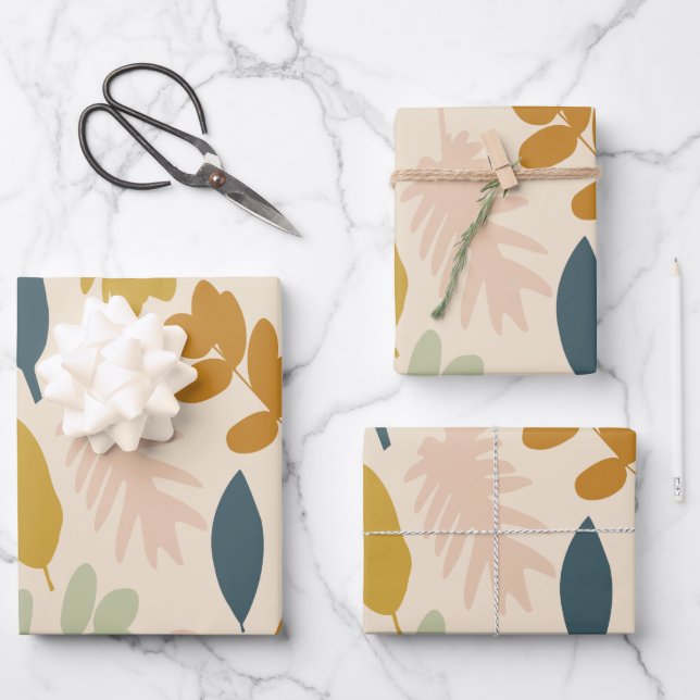 Botanical Fall Flowers and Leaves Pattern Wrapping Paper Sheet (Front)