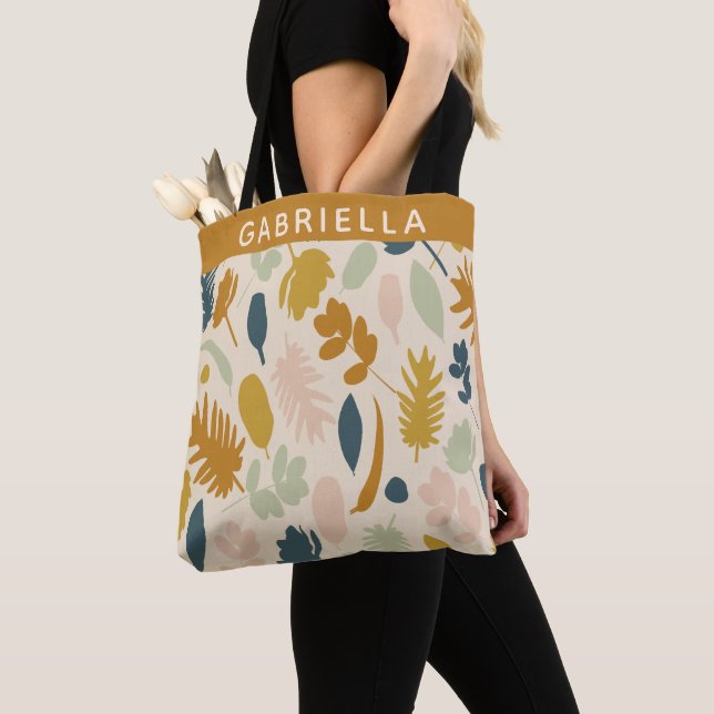 Botanical Fall Flowers Leaves Pattern Personalised Tote Bag (Close Up)