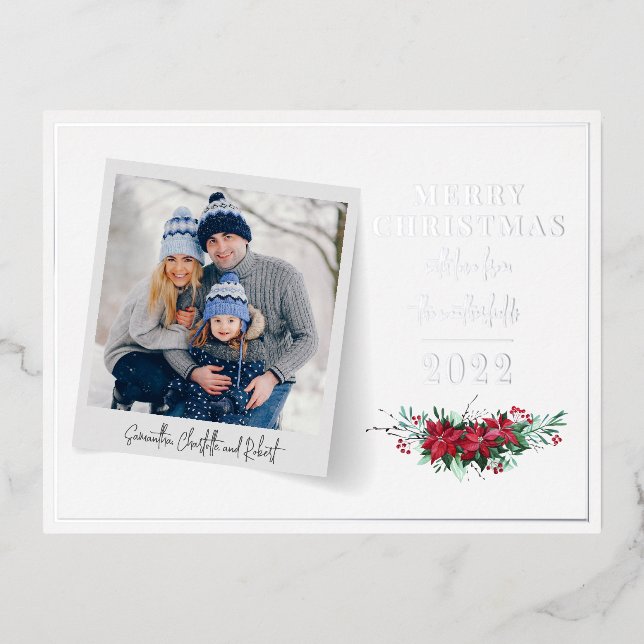 Botanical Family Photo Christmas Silver Foil Holiday Postcard (Front)
