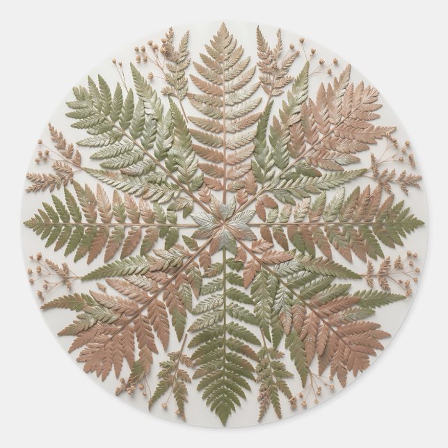 Botanical Fern Green Copper Pressed Leaves Classic Round Sticker (Front)