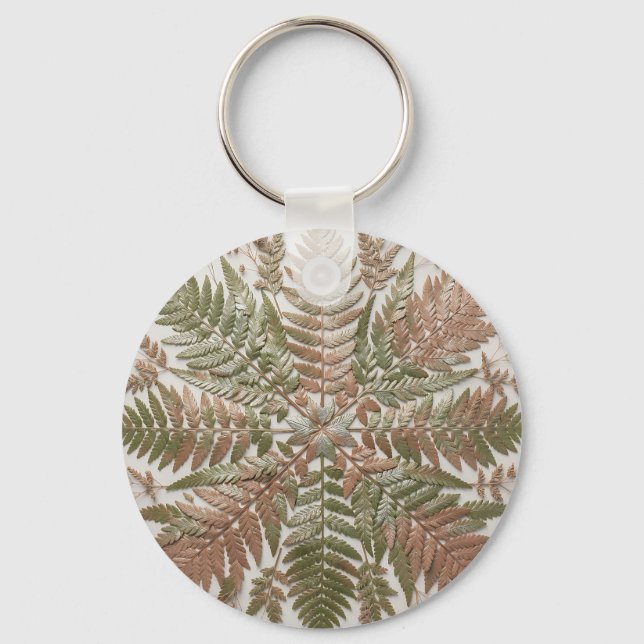 Botanical Fern Green Copper Pressed Leaves Key Ring (Front)