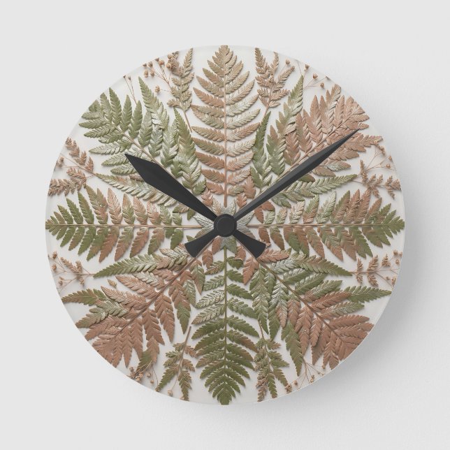 Botanical Fern Green Copper Pressed Leaves Round Clock (Front)