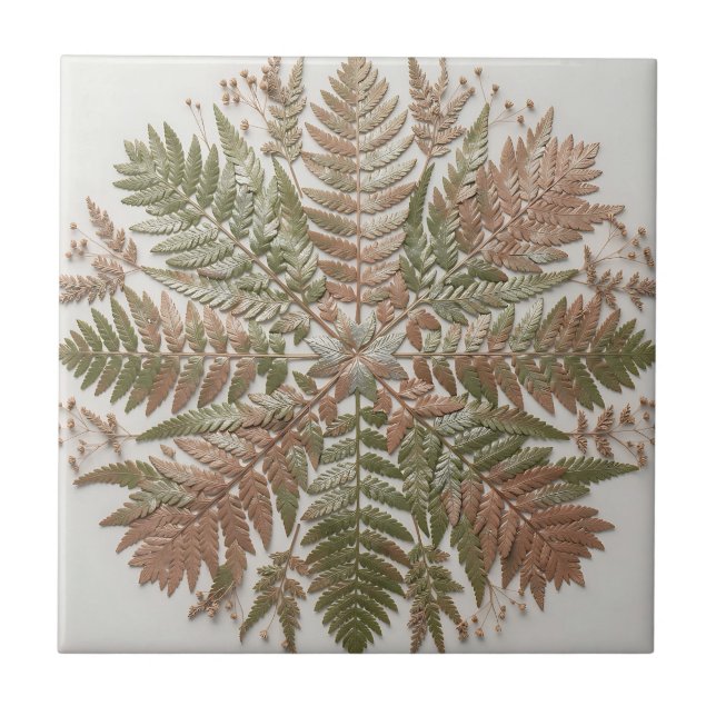 Botanical Fern Green Copper Pressed Leaves Tile (Front)