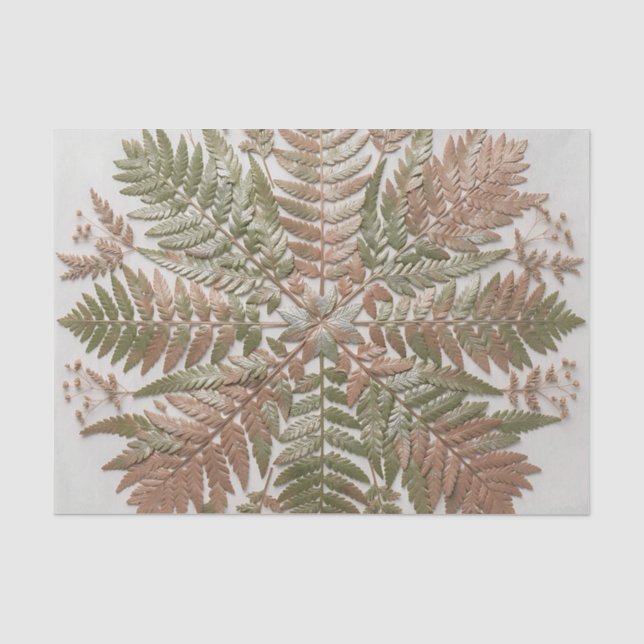 Botanical Fern Green Copper Pressed Leaves Tissue Paper (Front)