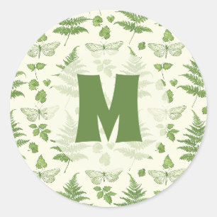 Botanical Fern Green Yellow Initial  Classic Round Sticker