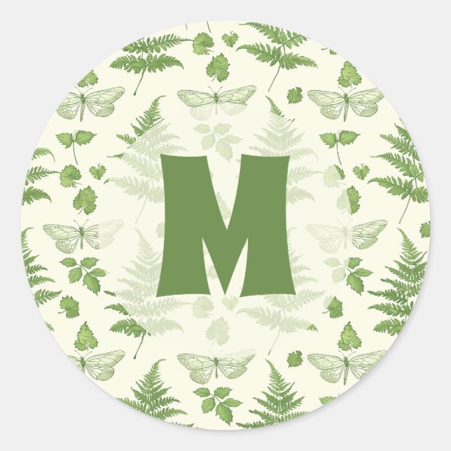Botanical Fern Green Yellow Initial  Classic Round Sticker (Front)