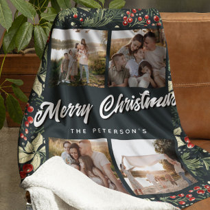 Botanical Festive 4 Photo Collage Christmas Fleece Blanket