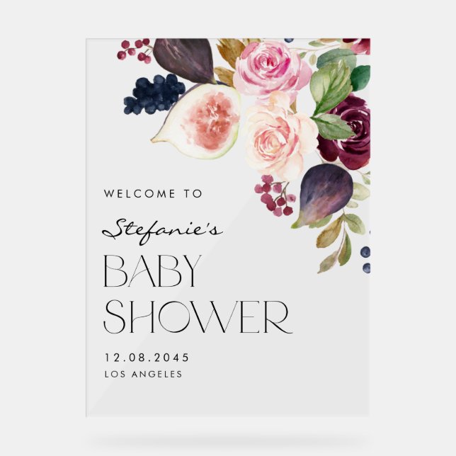 Botanical Figs and Burgundy Flowers Baby Shower Acrylic Sign (Front)