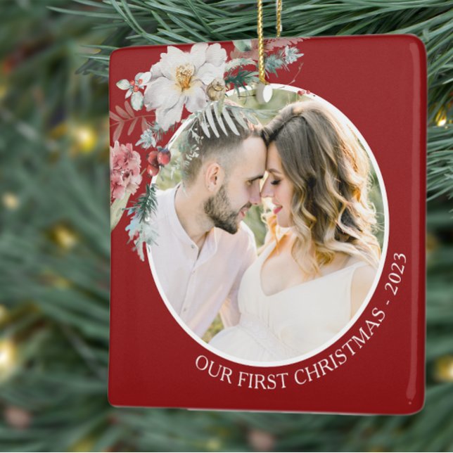 Botanical First Christmas Ceramic Ornament (Elegant Red Photo Holiday Christmas Ornament Watercolor Botanical Floral Berries)