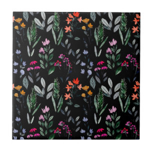 Botanical floral and leaf Cool black pattern decor Tile