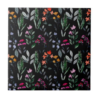 Botanical floral and leaf Cool black pattern decor Tile