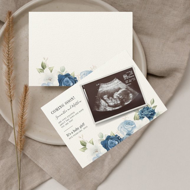 Botanical Floral Baby Reveal Pregnancy Announcement (Dusty Blue Floral Sonogram Baby Scan Pregnancy Announcement)