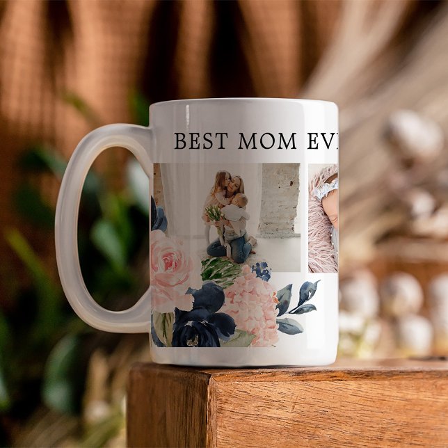 Botanical Floral Best Mum Ever Photo Collage Coffee Mug (Presenting a custom-crafted Mother's Day mug with beautiful florals framing a photo collage)
