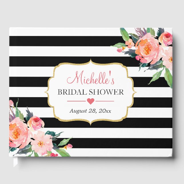 Botanical Floral Black White Stripes Bridal Shower Guest Book (Front)