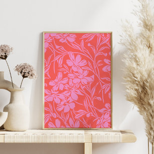 Botanical Floral Boho Art Design in Pink and Red Poster