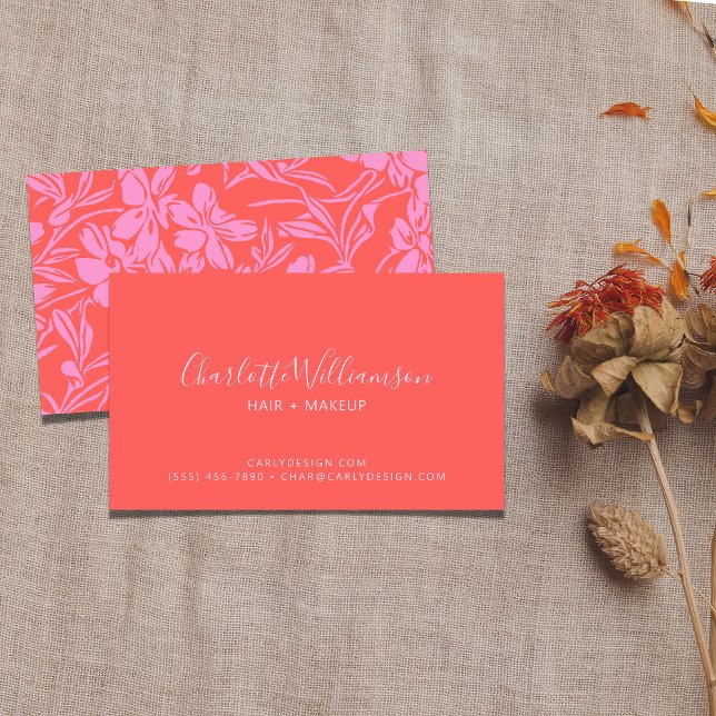 Botanical Floral Boho Art in Pink Red Personalised Business Card (Creator Uploaded)