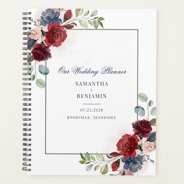 Botanical Floral Burgundy Greenery Script Wedding Planner (Front)