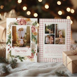 Botanical Floral Coastal Plaid Photo Grid Holiday Card