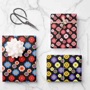 Botanical Floral Colourful Garden Pattern Black Wrapping Paper Sheet