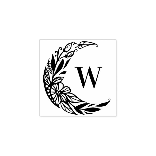 Botanical Floral Crescent Moon Custom Monogram Rubber Stamp (Imprint)