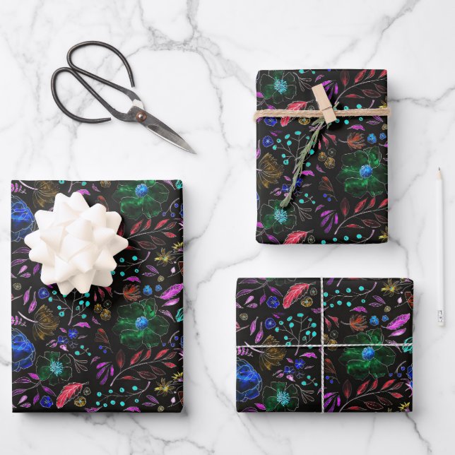 BOTANICAL FLORAL DARK WRAPPING PAPER SHEETS  (Front)