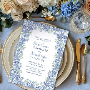 Botanical Floral Dusty Blue Navy Wedding Invitation