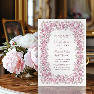 Botanical Floral Dusty Rose Blush Burgundy Wedding Invitation