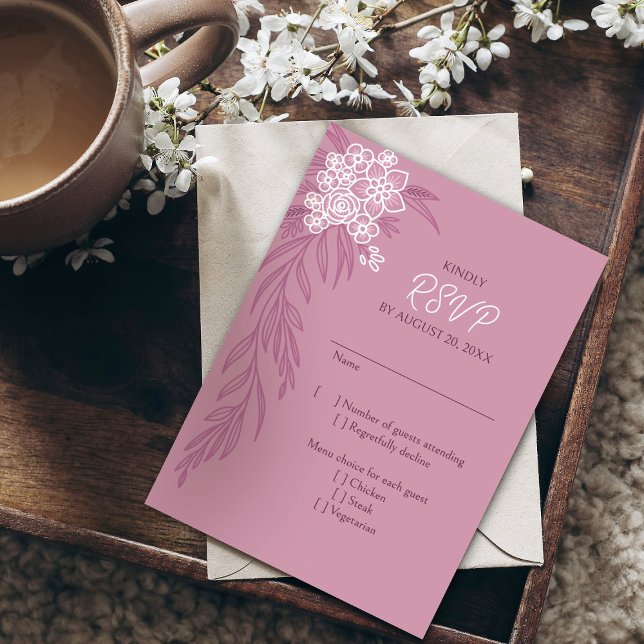 Botanical Floral Dusty Rose Blush Burgundy Wedding RSVP Card (Creator Uploaded)