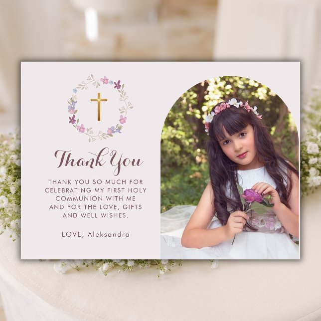 Botanical Floral  First Holly Communion Arch Photo Thank You Card (Creator Uploaded)
