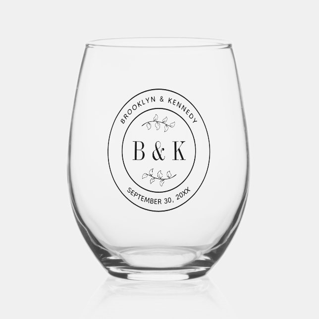 Botanical Floral Fun Monogram Wedding Couple Name Stemless Wine Glass (Front)