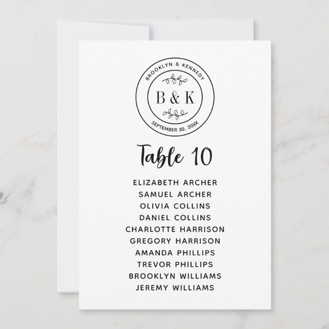 Botanical Floral Fun Monogram Wedding Seat Chart Invitation (Front)