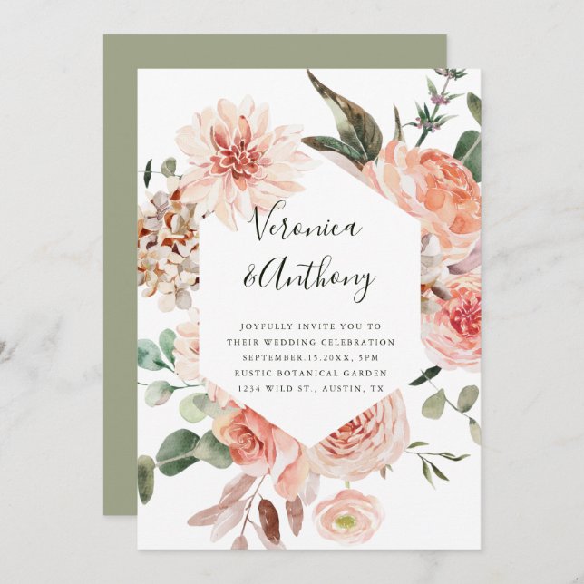 Botanical Floral Garden Elegant Hexagon Wedding Invitation (Front/Back)
