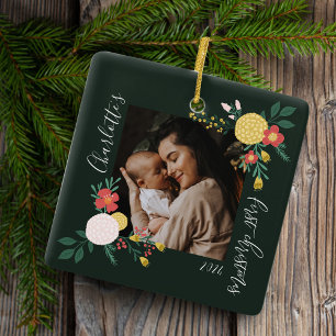 Botanical Floral Garden Elegant Photo Frame Green  Ceramic Ornament