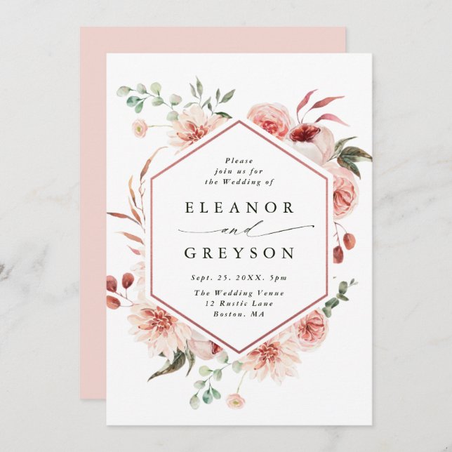 Botanical Floral Garden Hexagon Wedding Blush Invitation (Front/Back)