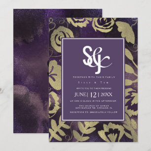 Botanical Floral Garden Rose Gold Purple Wedding Invitation