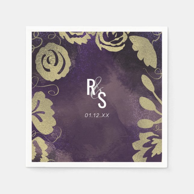 Botanical Floral Garden Rose Gold Purple Wedding Napkin (Front)