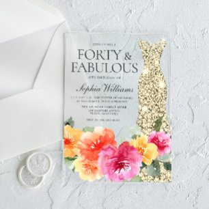 Botanical Floral Gold Dress 40th Birthday Party Acrylic Invitations