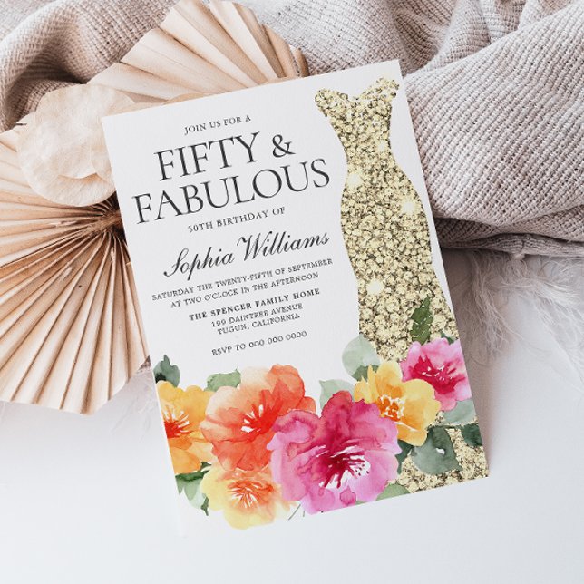 Botanical Floral Gold Dress 50th Birthday Party Invitation (Creator Uploaded)