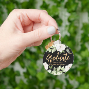 Botanical Floral Graduate Script Graduation Black Key Ring