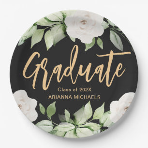 Botanical Floral Graduate Script Graduation Black Paper Plate