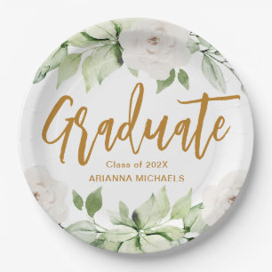 Botanical Floral Graduate Script Graduation White Paper Plate