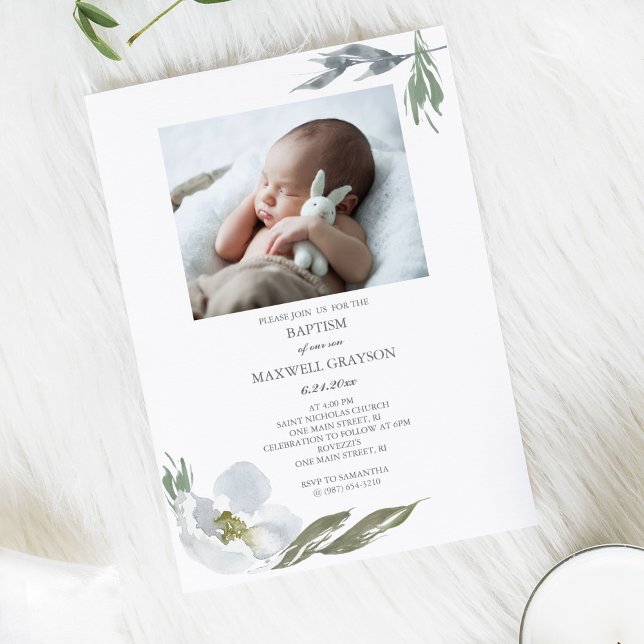 Botanical Floral Greenery Boy Baptism Photo Invitation (Creator Uploaded)