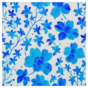 Botanical Floral in Deep Blue and White  Fabric